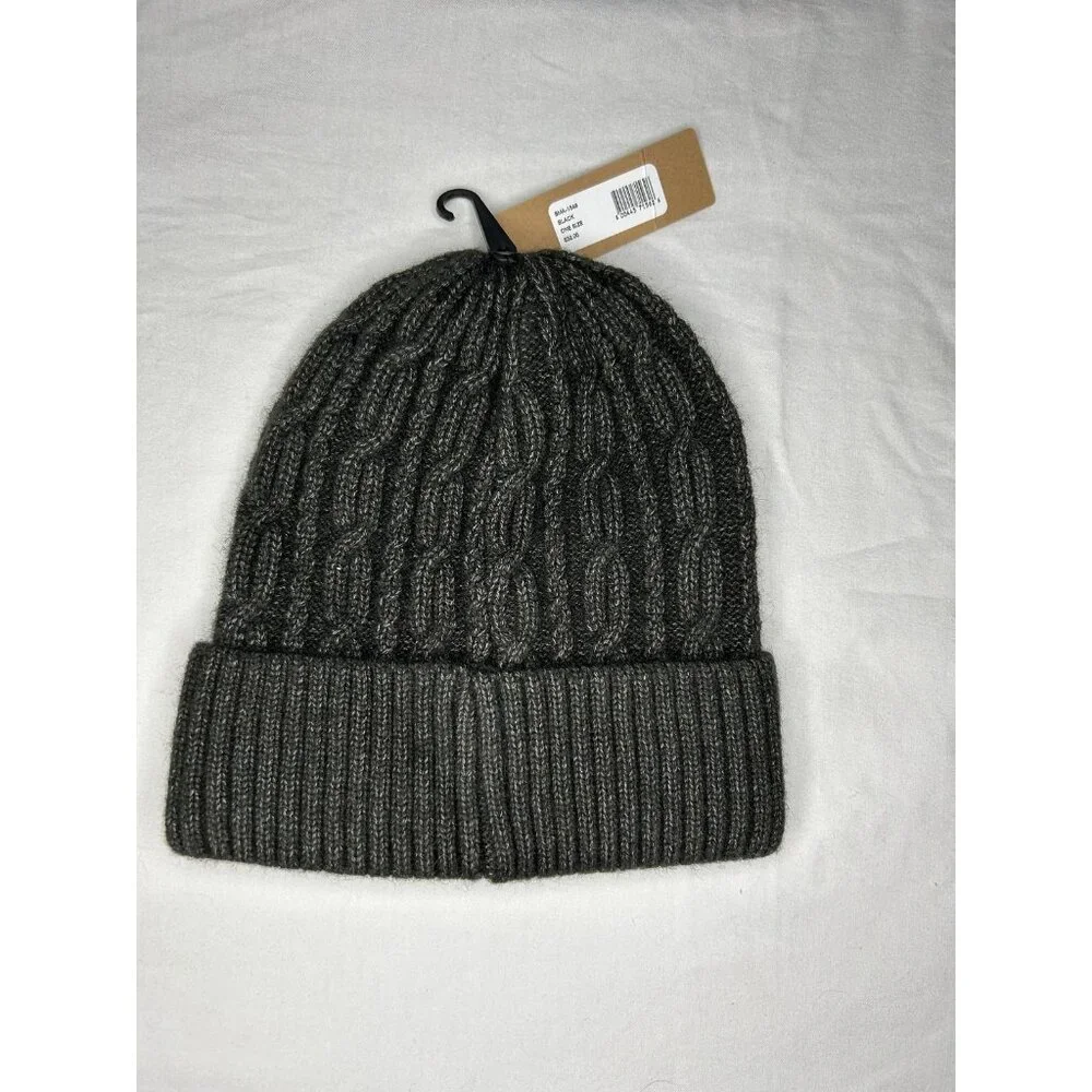Steve Madden Hat Beanie Cuffed Cable Knit Ribbed OS Heather Black Winter Outdoor